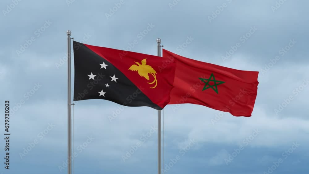 Morocco flag and Papua New Guinea flag waving together on cloudy sky, endless seamless loop, two country relations concept Morocco flag and Papua New Guinea flag waving together on cloudy sky, endless seamless loop, two country relations concept