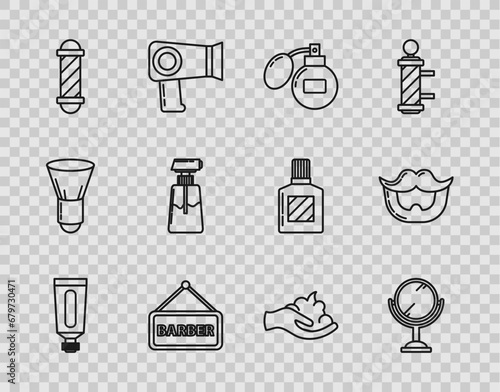 Set line Cream or lotion cosmetic tube, Hand mirror, Aftershave, Barbershop, Classic pole, Shaving gel foam hand and Mustache beard icon. Vector