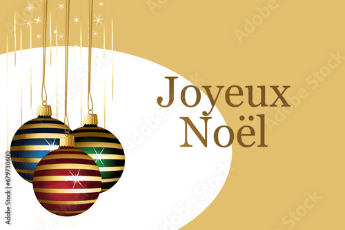 Fond d'écran de Noël doré avec des boules rayées colorées. Guirlandes dorées et fond vectoriel scintillant. Illustration. Texte en français.