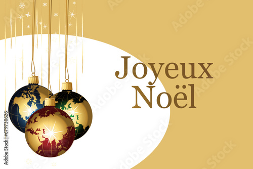 Fond d'écran de Noël doré avec des boules monde colorées. Guirlandes dorées et fond vectoriel scintillant. Illustration. Texte en français.