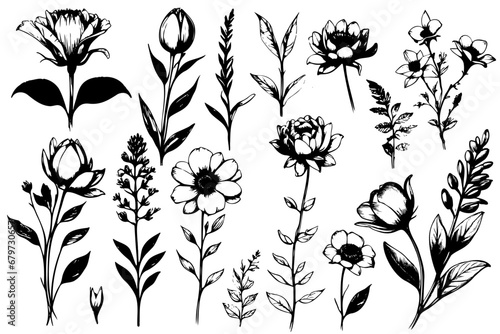 Sketch set Floral branch and minimalist leaves for logo or tattoo. Hand drawn herb, elegant wildflowers. art drawing for print, cover or wallpaper #679730657
