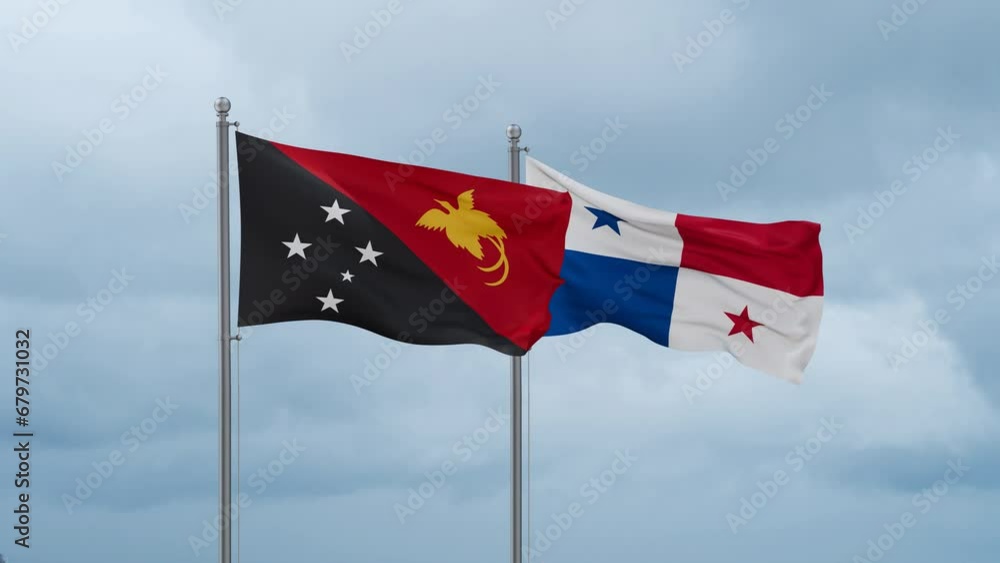Panama flag and Papua New Guinea flag waving together on cloudy sky, endless seamless loop, two country relations concept Panama flag and Papua New Guinea flag waving together on cloudy sky, endless seamless loop, two country relations concept