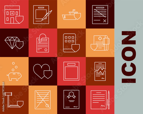 Set line Contract with pen, Torn contract, Medical clipboard clinical record, Ship shield, File document and paper, Diamond, hospital building and Smartphone insurance icon. Vector