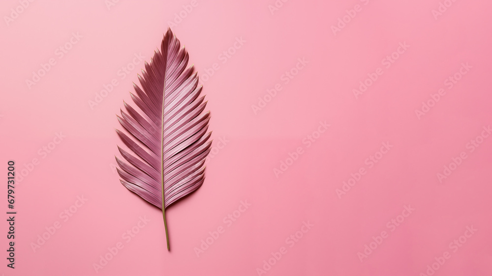 Palm leaf in pink color on a solid pink background. Studio. Isolated pink background. Palm leaf in pink color on a solid pink background. Studio. Isolated pink background.