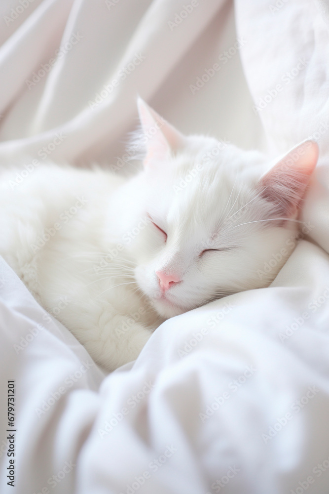 White cat sleeping in bed. Generative AI, White cat sleeping in bed. Generative AI,