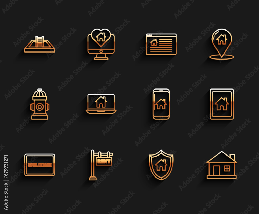 Set line Doormat with the text Welcome, Hanging sign Rent, Swimming pool ladder, House shield, Laptop and smart home, Tablet and Mobile phone icon. Vector