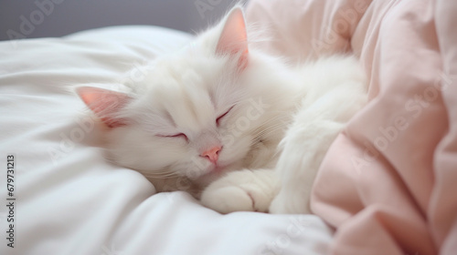 White cat sleeping in bed. Generative AI,