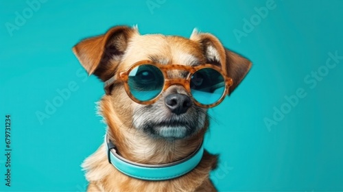 banner of fashion cute dog wearing clothes, isolated on blue background, cute puppy photo, wearing glasses, Generative AI © sambath