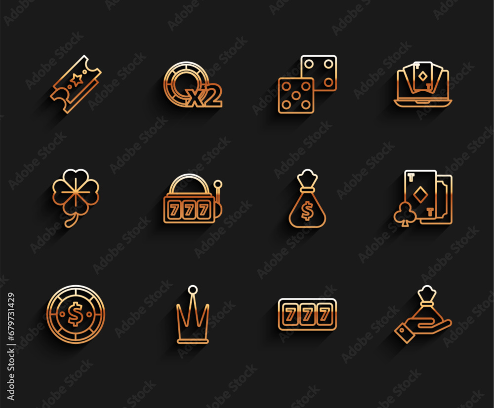 Set line Casino chip with dollar, Crown, Lottery ticket, Slot machine lucky sevens jackpot, Hand holding money bag, Playing card diamonds and Money icon. Vector Set line Casino chip with dollar, Crown, Lottery ticket, Slot machine lucky sevens jackpot, Hand holding money bag, Playing card diamonds and Money icon. Vector