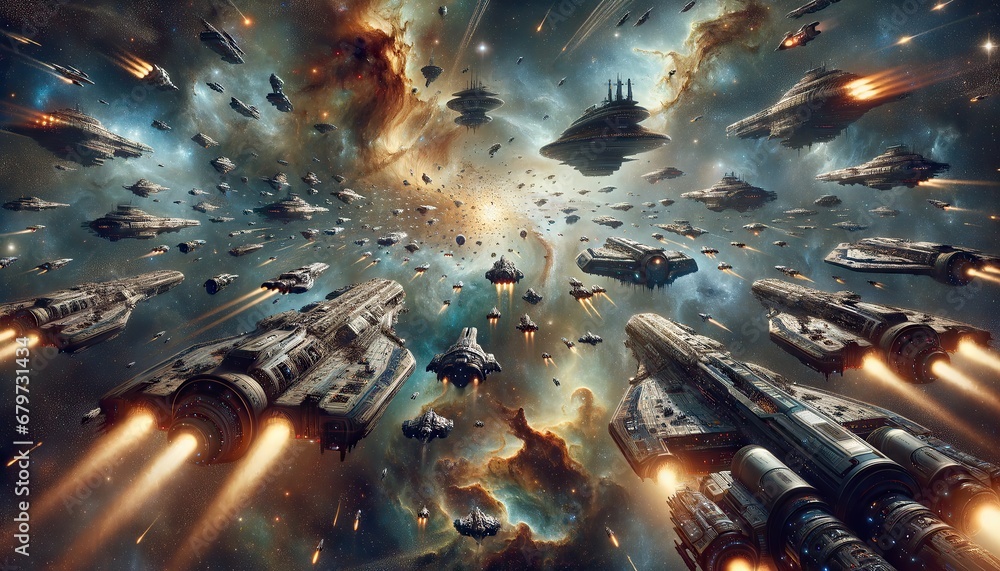 Naklejka premium Intense space conflict scene capturing a clash between numerous spacecraft with dynamic lighting effects