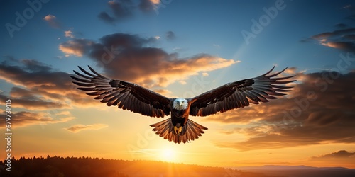 AI Generated. AI Generative. Wild american eagle bird flying in the blue air sky at golden sunset nature outdoor landscape. Graphic Art © AkimD