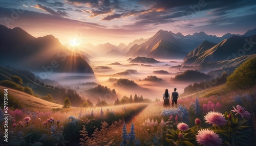 As the sun rises over the misty mountains, a man and woman stand in a field of flowers, their love blooming amidst the wild landscape