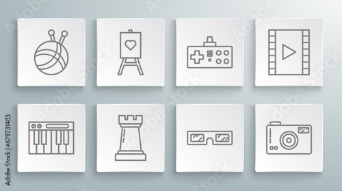 Set line Music synthesizer, Wood easel or painting art boards, Chess symbol, 3D cinema glasses, Photo camera, Gamepad, Play Video and Yarn ball with knitting needles icon. Vector