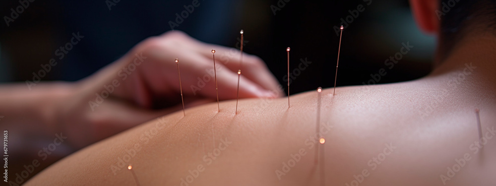 Acupuncture back neck spa salon. Generative AI, - obrazy, fototapety, plakaty 