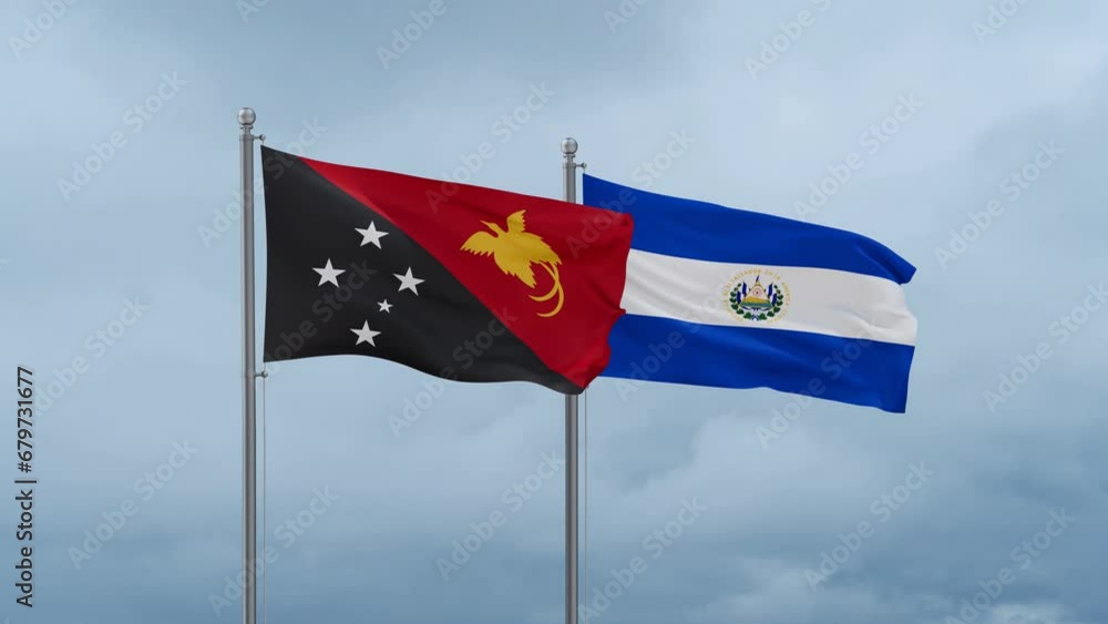Republic of El Salvador and Papua New Guinea flag waving together on cloudy sky, endless seamless loop, two country cooperation concept Republic of El Salvador and Papua New Guinea flag waving together on cloudy sky, endless seamless loop, two country cooperation concept