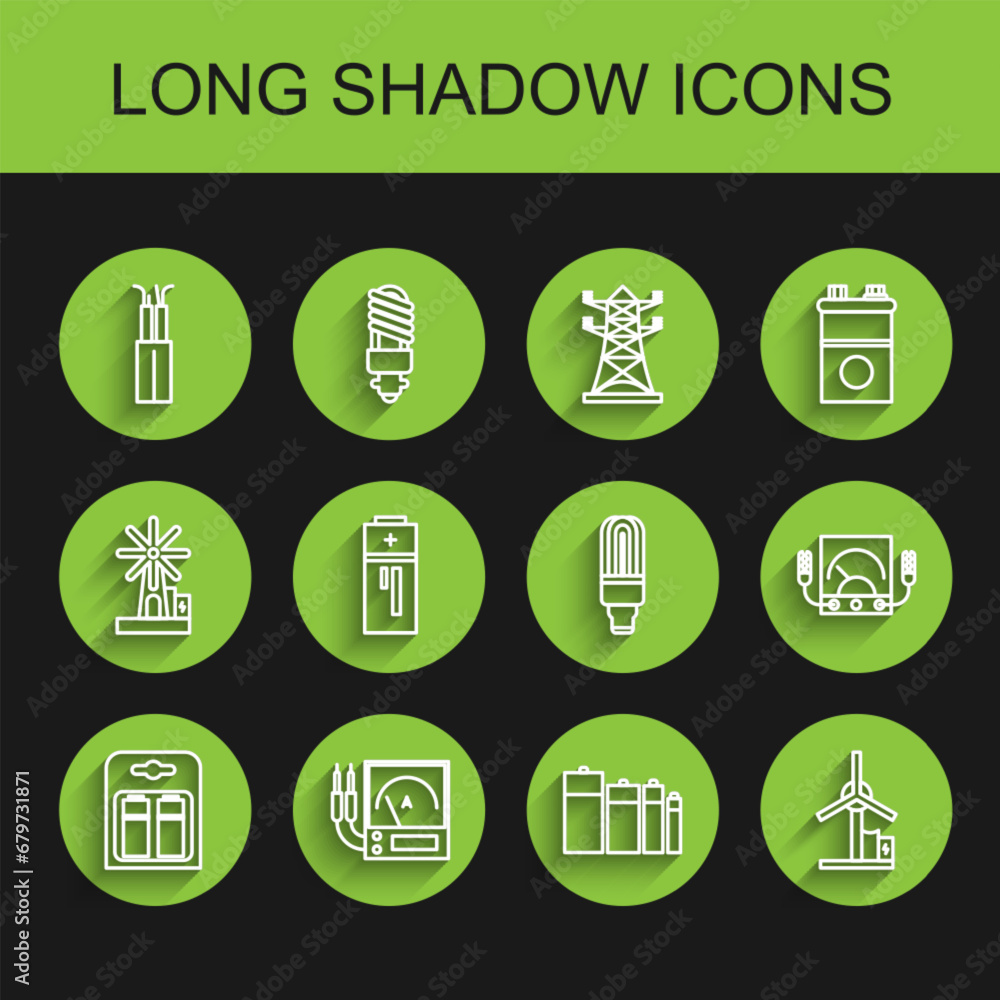 Set line Battery in pack, Ampere meter, multimeter, voltmeter, Electric cable, Wind turbine, and LED light bulb icon. Vector