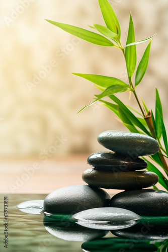 Stream stones and bamboo shoots feng shui spa. Generative AI 