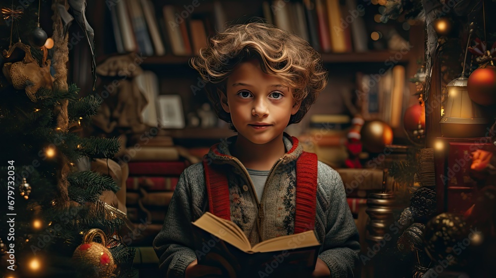  a young boy sitting in front of a christmas tree while holding a book in his hands and looking at the camera.