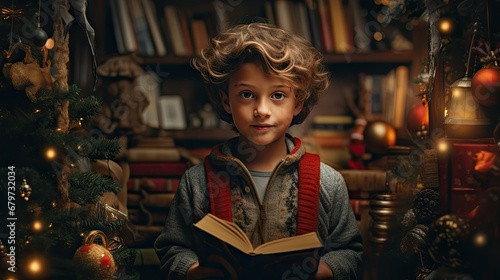  a young boy sitting in front of a christmas tree while holding a book in his hands and looking at the camera.