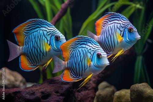 Tropical coral reef with vibrant underwater fishes in an aquarium oceanarium for diving adventures