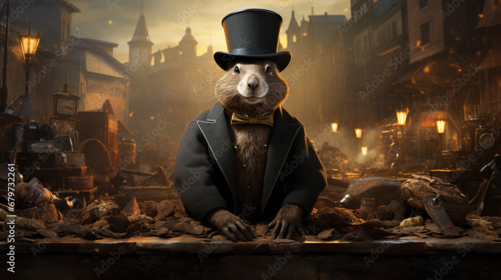 A rodent in a black bag and a top hat on his head A rodent in a black bag and a top hat on his head