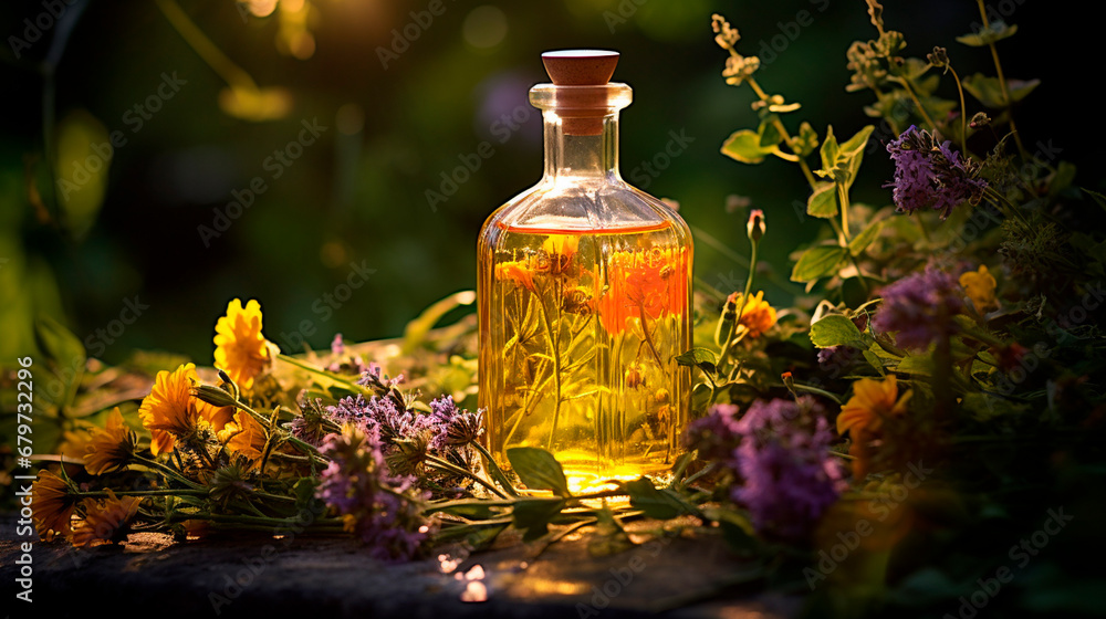 Tincture extract of herbs and flowers in a bottle. Generative AI, Tincture extract of herbs and flowers in a bottle. Generative AI,