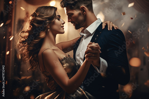 Lovers/couple dancing at New Year's party, celebrating New Year or Christmas, New Year's Eve dance, Valentine's Day, sorority party, ballroom dancing