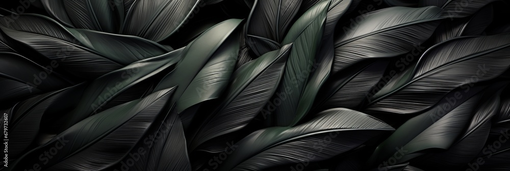 Abstract black tropical leaf textures for dark nature concept with artistic flat lay appeal.