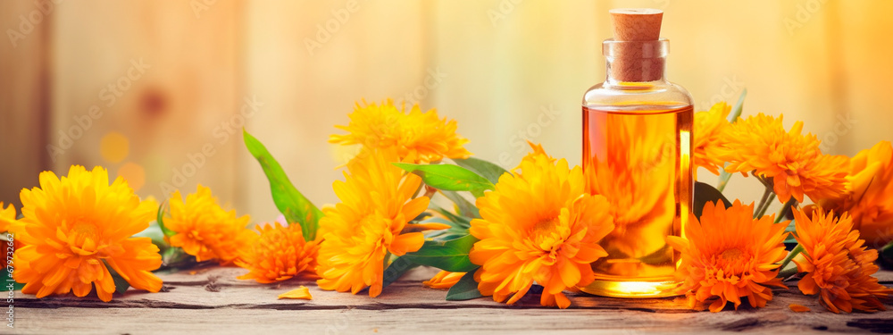 Essential oil of calendula with flowers. Generative AI, - obrazy, fototapety, plakaty 