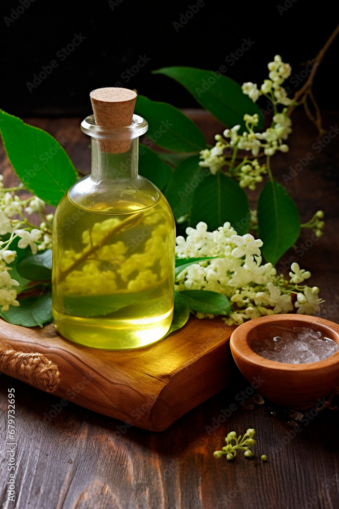 Camphor essential oil on wooden background. Generative AI, Camphor essential oil on wooden background. Generative AI,
