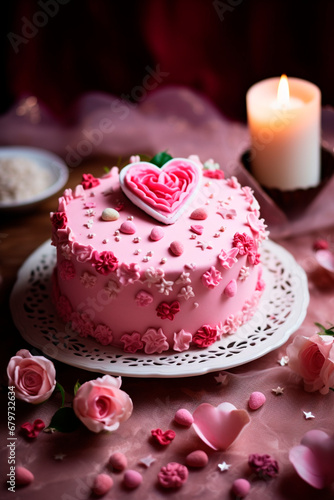 Pink cake with flowers and hearts for Valentine's day. Generative AI,