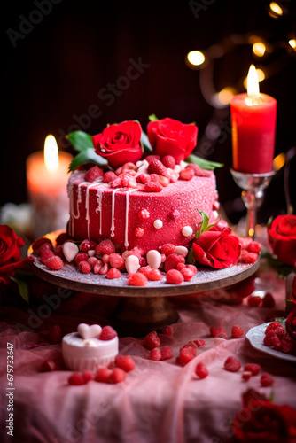 Pink cake with flowers and hearts for Valentine s day. Generative AI 