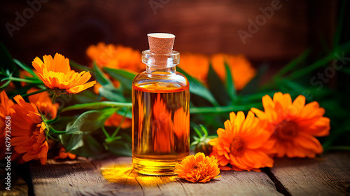 Essential oil of calendula with flowers. Generative AI,