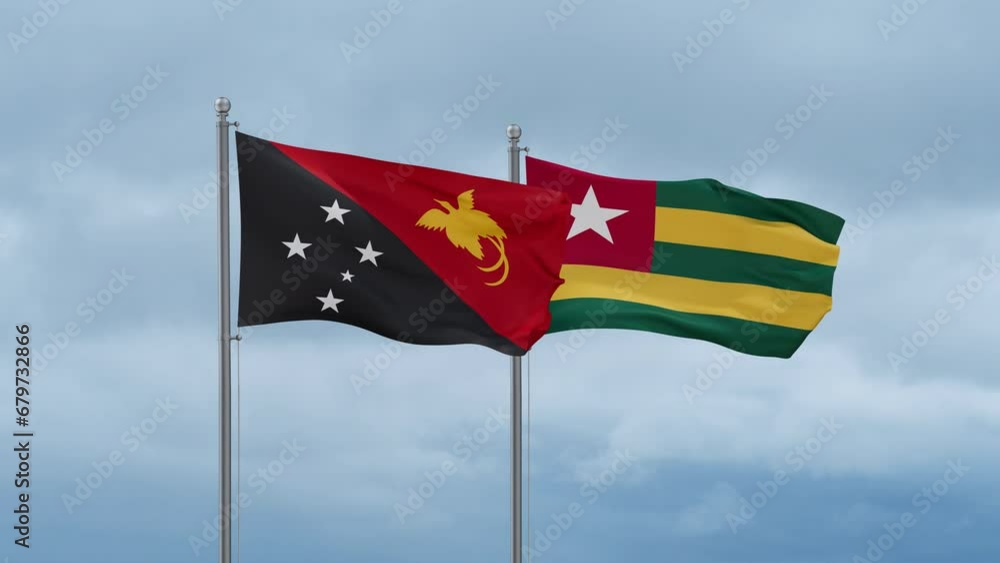Togo, Togolese Republic and Papua New Guinea flag waving together on cloudy sky, endless seamless loop, two country cooperation concept Togo, Togolese Republic and Papua New Guinea flag waving together on cloudy sky, endless seamless loop, two country cooperation concept