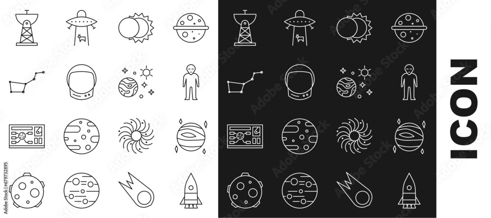Set line Rocket ship, Planet Venus, Alien, Eclipse of the sun, Astronaut helmet, Great Bear constellation, Satellite dish and Space and planet icon. Vector - obrazy, fototapety, plakaty 