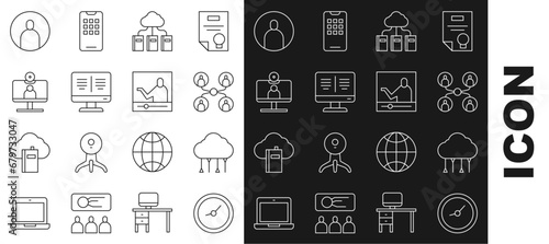 Set line Clock, Network cloud connection, Online class, Cloud online library, book monitor, Video chat conference, Create account screen and education icon. Vector
