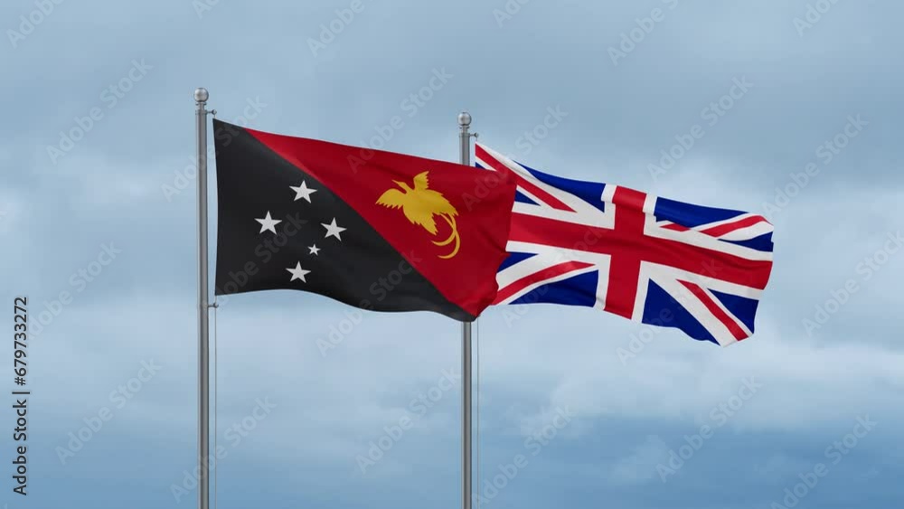 United Kingdom and Papua New Guinea flag waving together on cloudy sky, endless seamless loop, two country cooperation concept