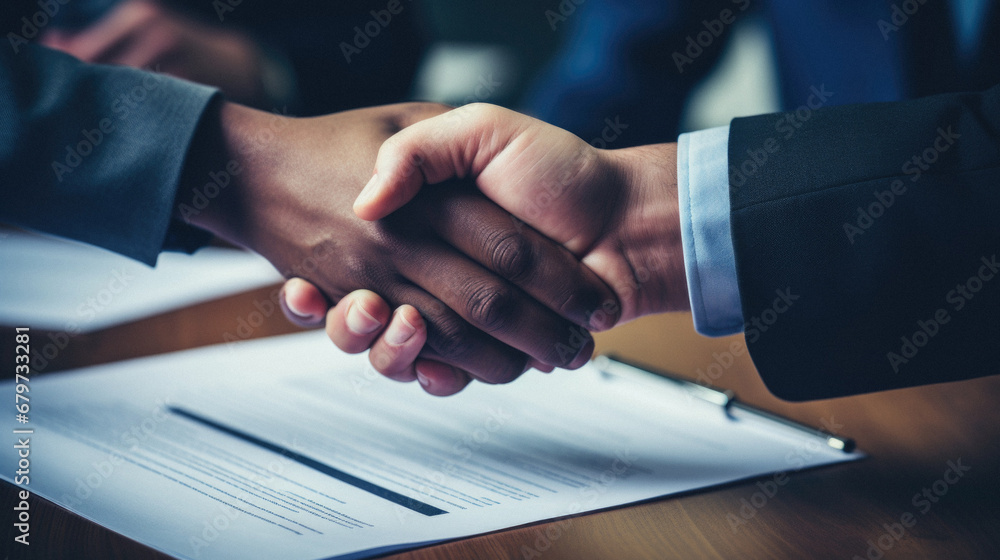 Close-up of business people shaking hands at meeting in office.