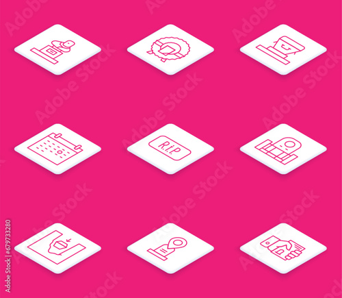 Set line Grave with tombstone, Memorial wreath, Coffin, Calendar death, Speech bubble rip, grave and Location icon. Vector