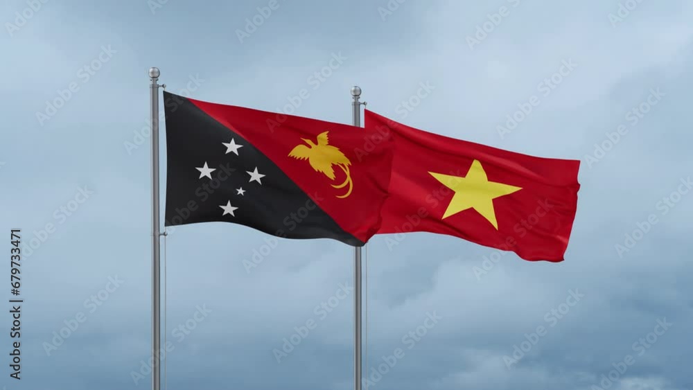 Vietnam and Papua New Guinea flag waving together on cloudy sky, endless seamless loop Vietnam and Papua New Guinea flag waving together on cloudy sky, endless seamless loop