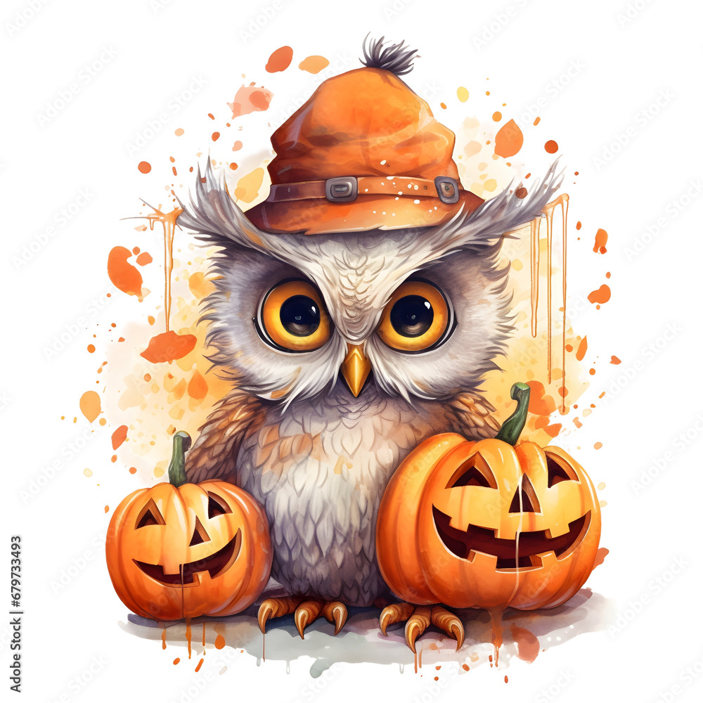 Watercolor cute clipart halloween owl with pumpkin on transparent background. sublimation, tshirt, mug, pillow, tumbler, print Watercolor cute clipart halloween owl with pumpkin on transparent background. sublimation, tshirt, mug, pillow, tumbler, print