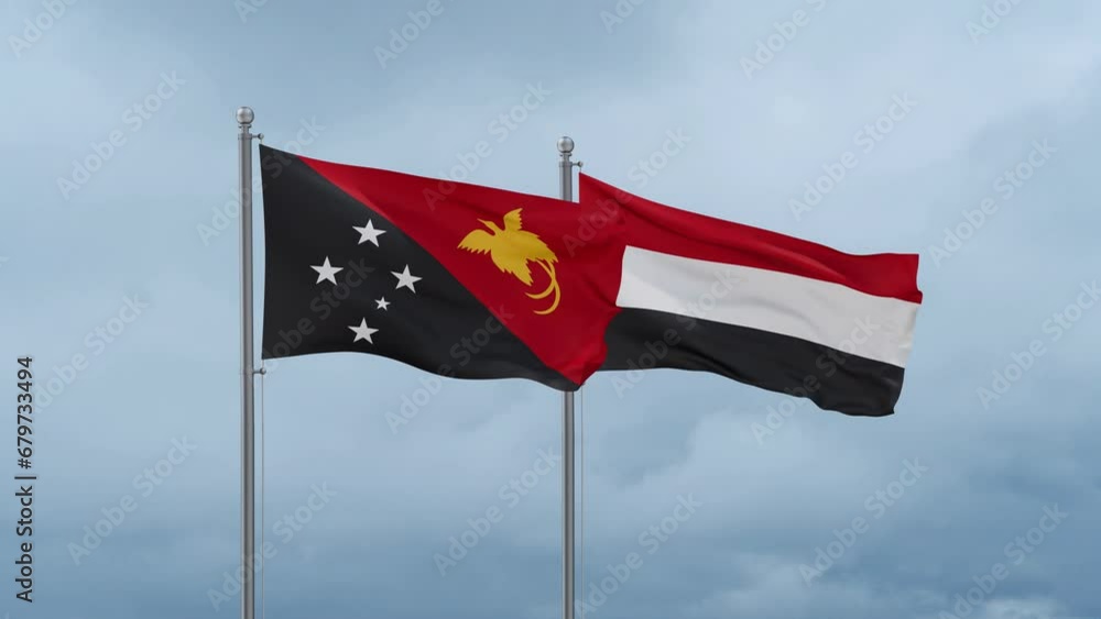 Yemen and Papua New Guinea flag waving together on cloudy sky, endless seamless loop, two country cooperation concept Yemen and Papua New Guinea flag waving together on cloudy sky, endless seamless loop, two country cooperation concept