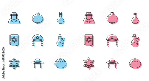 Set line Star of David, Orthodox jewish hat, Jewish sweet bakery, kippah, Bottle olive oil, torah book and Pomegranate icon. Vector