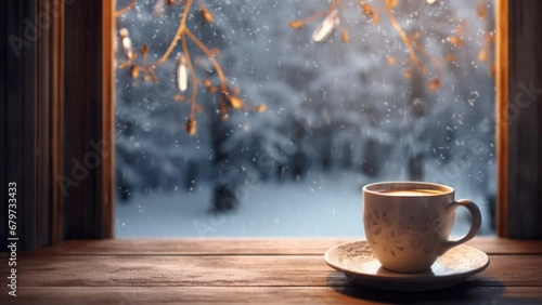 A warm cup of coffee by the window with a view of the snow falling outside. seamless looping virtual time lapse video animation background. Generated with AI
