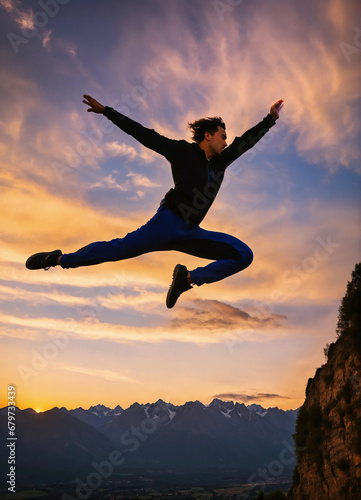 Silhouette of a man leaping energetically against a dramatic sunset sky with a mountainous horizon.