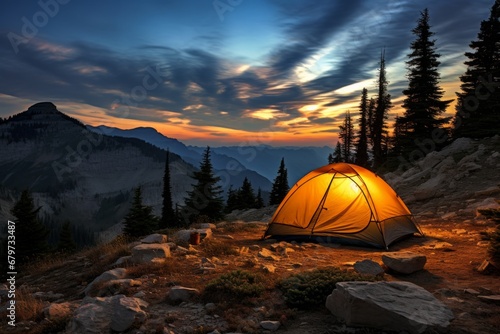 Enchanting moonlit mountains embrace serene tourist camp under mesmerizing starry sky