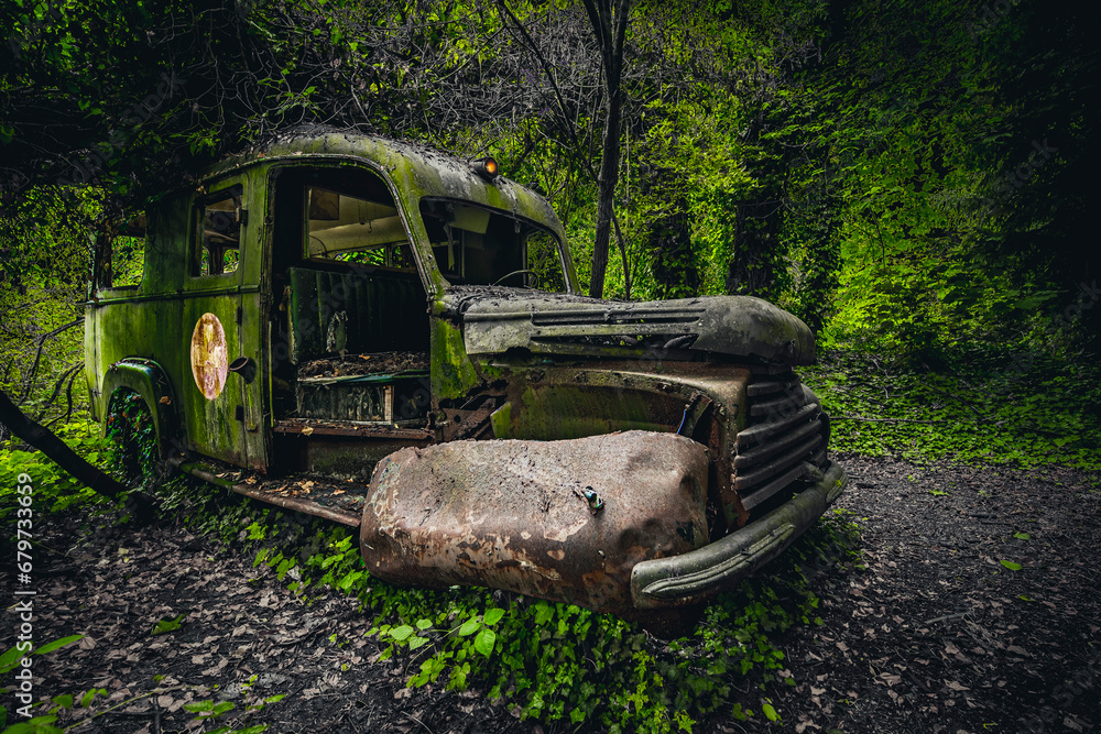 Abandoned military ambulance car.
