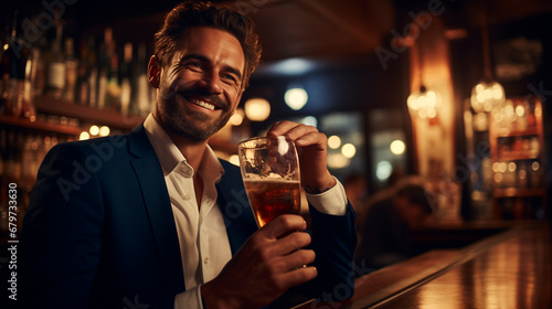 un hombre empresario sonriendo en un bar tomando un vaso de cerveza  photo