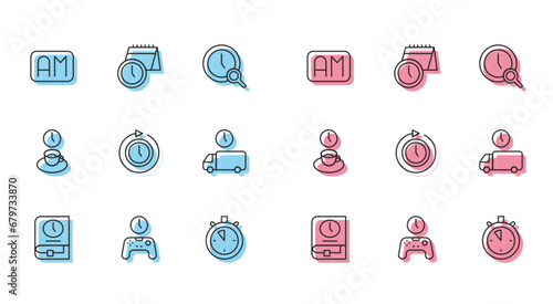 Set line Time for book, Gamepad of time, Morning, Stopwatch, Clock with arrow, Delivery, Coffee and Calendar and clock icon. Vector