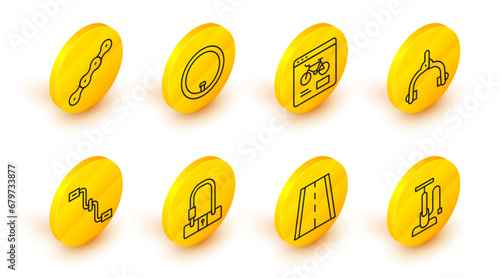 Set line Bicycle air pump, lane, lock, pedals, brake calipers, rental mobile app, wheel and chain icon. Vector